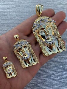 Solid 925 Silver 14k Gold Plated Jesus Piece ITALY Necklace HIP HOP Real Iced