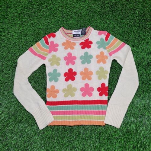 Vintage Wet-Seal Colorful Flower Knit Sweater Teens S-Short 14x20 (Tag M) White