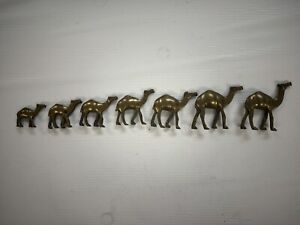 New Listing7 Vintage Miniature Solid Brass Camel Figurines - All In A Row!