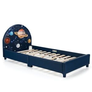Children Upholstered Twin Size Bed Frame Platform Single Kids Bed W/ Wooden Slat