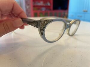 Vintage Woman's Cat Eye Glasses 1950's Glasses Blue with Rhinestone Detail