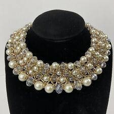 Collar Statement Bib Necklace Chain Mesh Glass Pearl AB Faceted Crystals Event