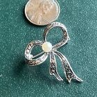 Vintage Sterling Silver Marcasite Bow Brooch With Pearl
