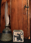 New ListingSalt Glaze Primitive Pottery Inkwell, Feather Quill, & Antique Toy Block AAFA