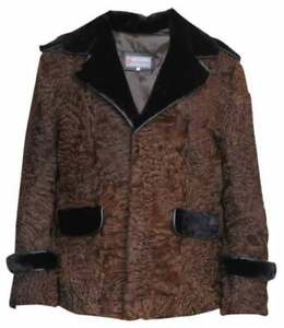 Men's Brown Real Persian Lamb Fur Real Mink Collar, Shoulder & Cuff Style Coat