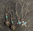 2 Pair Of Boho Style  Silver Plated Earrings With Turquoise Semi precious Stone