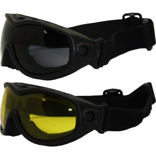 2 HERON FOAM PADDED MOTORCYCLE GOGGLES SMOKE YELLOW WITH POUCH