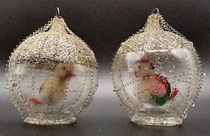2 Vintage Crinkle Wire Wrapped & Mica Frosted Bird Diorama Christmas Ornaments