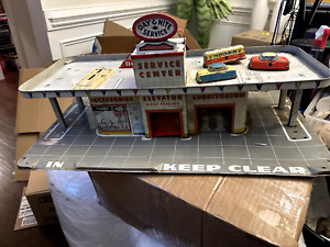 Antique 1950s Tin Litho Garage with Cars Toys service center day nite