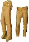 Men Old Style American Western Golden Soft Buckskin Buffalo Ragged Leather Pants