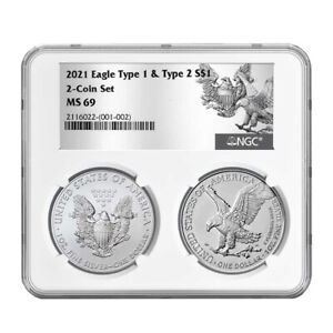 2021 $1 Type 1 and Type 2 Silver Eagle Set NGC MS69 T1 T2 Label