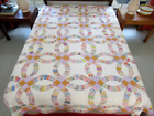 QUEEN Beautiful Vintage Hand Pieced & Quilted Feed Sack WEDDING RING Quilt Good!