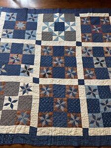 Antique Fabric Hand Sewn Quilt Textile Blue Calico Brown Star Textile