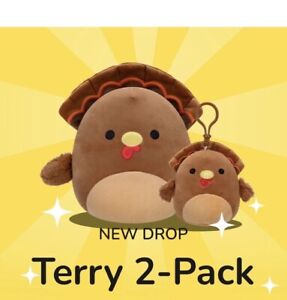 Squishmallow Terry the Turkey Thanksgiving Set of Two: 8” & 3”Clip! New + Gift!