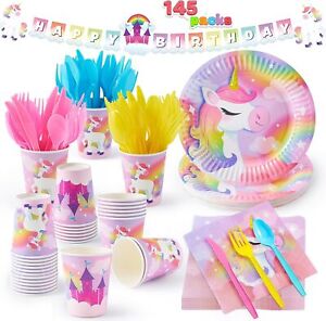 145 Pcs Unicorn Party Supplies Birthday Decorations Set for Kids 2 3 4 5 6