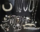 Huge Vintage~Now Silver Rhinestone Jewelry Lot Brooches Necklaces Rings Bracelet