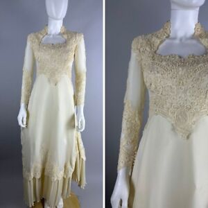 Vtg 70s Off White Lace Floral Trim Chifon Long Sleeve Train Wedding Gown Small