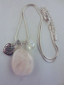 Silvertone Rose Quartz Gemstone Love Heart Charm Glass Bead Pendant Necklace