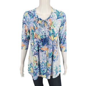 Belle by Kim Gravel Allover Tropical Print Tassel Top XX-Small Sz Blue Tee Shirt