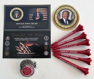 Donald Trump ..MAGA Golf Ball Marker & Hat Clip + 6 MAGA Golf Tees...+ 1 Decal