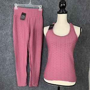Yotong 2 Piece Set Racerback Top W/Stretch Pants Women Small Pink Textured Knit