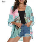 Women Floral Kimono Cardigan, Summer Beach Cover Up suit, Puff Sleeve Loose Casu