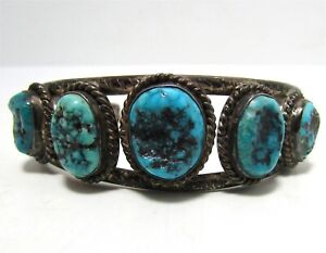 Old Pawn Vintage Sterling Turquoise Navajo Cuff Bracelet 5 Stone Leaf Spiderweb