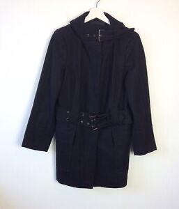 Zara Wool Blend Coat Womens Size XL Black Belted Trench Funnel Neck Smart Long