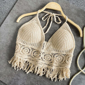 Bralette Bra Crochet Halter Crop Top Backless Boho Beach Cami Bikini Tank Tops