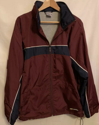 REEBOK Vtg Nylon Lined Windbreaker Jacket Mens Size L Red Blue Full Zip Hood