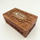 Vintage Carved Wood Jewelry Trinket Box with Mother Of Pearl Inlay Floral Design