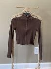 Brown Crop Long  Sleeve Sweater Women XS Full Zip Mock Turtleneck