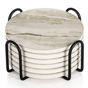 Coasters for Drinks, White Marble-Style Absorbent Coasters with Holder