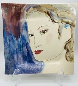 VTG Hand painted and artist signed pottery Textured tray girl Woman portrait 10”