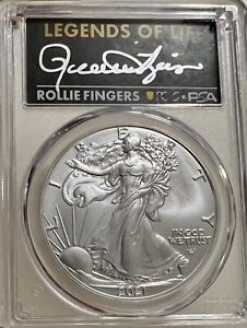 2021 SILVER EAGLE PCGS-MS70 FIRST PRODUCTION ROLLIE FINGERS SIGNED T-2