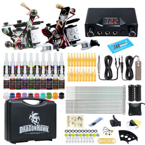 DragonHawk Tattoo Kit 2 Machine Guns Color Inks Tips Power Supply Set Needles