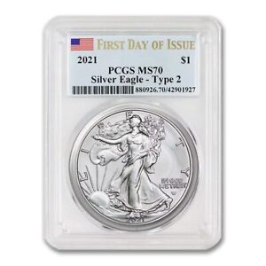 New Listing2021 $1 Silver Eagle T2 PCGS MS70 First Day of Issue American Coin Flag Label