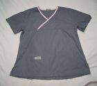 urbane scrubs scrub top womens medium 2 pocket gray w/ pink v-neck pen holder