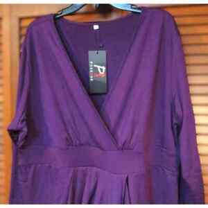 Poseshe Women's Dress Purple Lined Mock Wrap V-Neck Pleats Long Sleeves Size 4X
