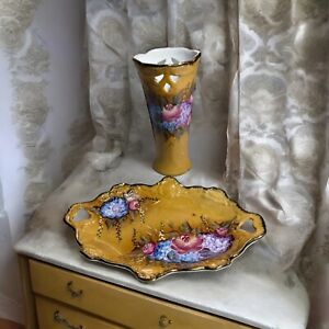 New ListingVintage 60's Victorian Porcelain Pierced Vase with Gold Trim & Vanity Tray
