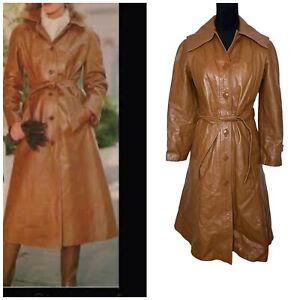 Women's Genuine Leather Long Overcoat Trench Coat Belted Button Jacket VTG S