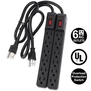 Set of 2 Electric 6-Outlet Surge Protector Power Strip with 2FT Heavy Power Cord