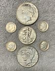Old U.S. coins lot of 7 - 90% Silver, 1927 + 1934 Peace dollars + 1 Half & more.