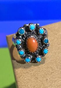 Old Pawn Navajo signed Sterling Silver Snake-Eye Turquoise Coral 925 Ring 6.25