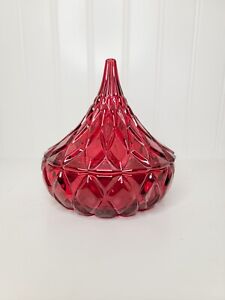 Pretty Ruby Red Cut Glass Diamond Pattern Hershey Kisses Candy Dish 5” Tall