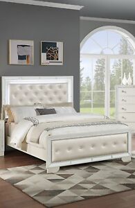 Majestic 1pc King Size Bed w LED Cream Tufted Faux Leather HB FB Bedroom Bed