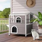 Outdoor Solid Wood 2-Floor Cat Condo Pet House Kitten Shelter with Window - Gray
