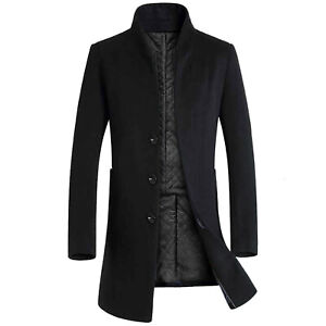 Mens Warm Woolen Trench Coat Double Breasted Overcoat Long Jacket Outwear Winter