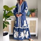 Farm Rio Navy Long Sleeve Bohemian Embroidered Floral Pineapple Maxi Dress Small