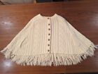 May Knitting Co. Poncho Sweater Womens XS/S Fringe Open Knit Cape Button Vintage